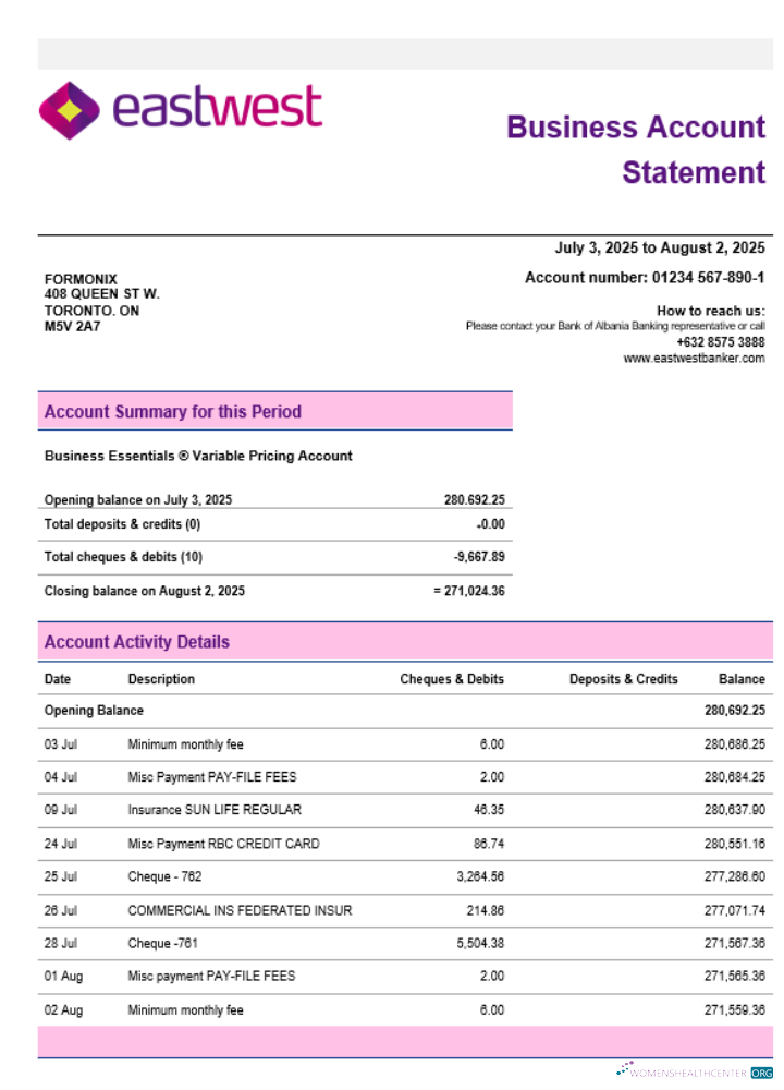 Download EastWest business firm account statement Word snd PDF format Photoshop template